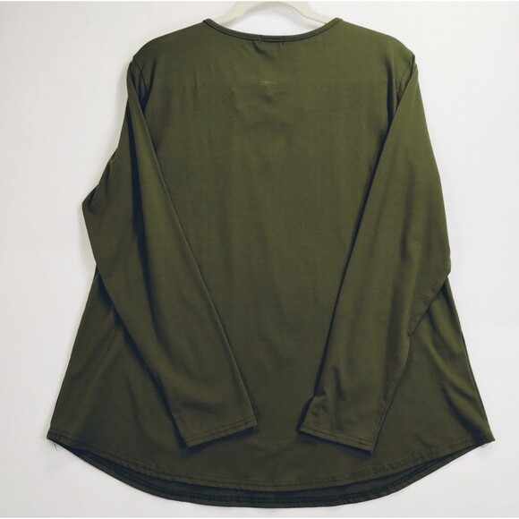 Moss Green Top Sz XXL Boxy Baggy Cut V Neck Lace Up Stretchy 3/4 Sleeve Packable - Picture 4 of 7